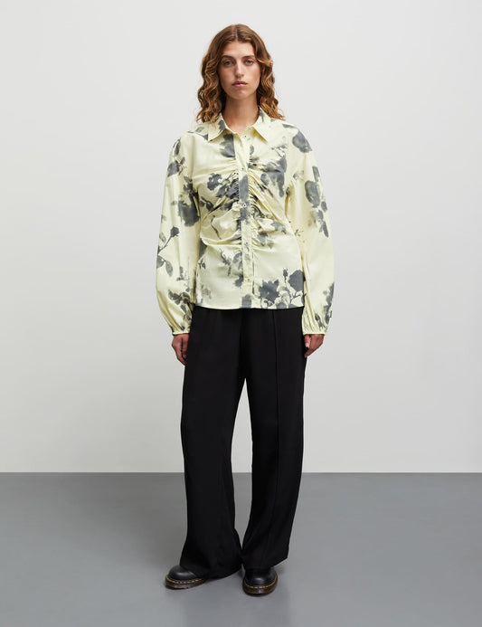 Poplinea Clara Shirt AOP, Ink Flower AOP/Tender Yellow